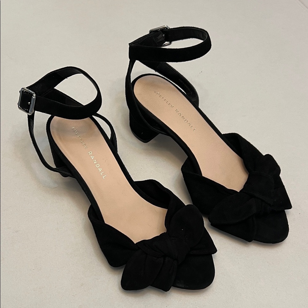 LOEFFLER RANDALL ANKLE STRAP SANDAL HEELS BLACK SUEDE WITH BOW 7.5